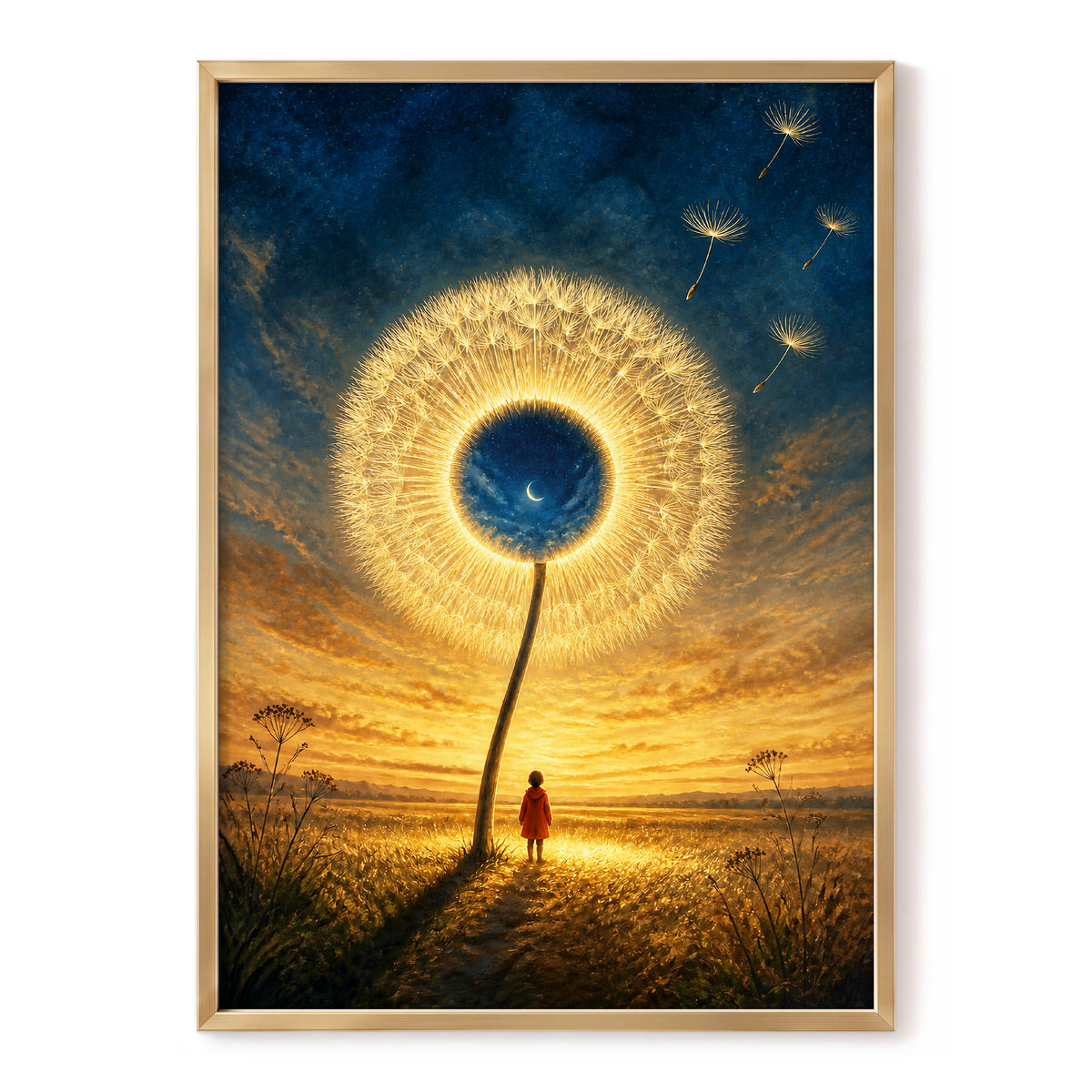 Dandelion Afterglow, gold, blue, orange floral wall art, front artwork view