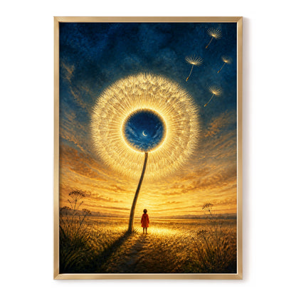 Dandelion Afterglow, gold, blue, orange floral wall art, front artwork view