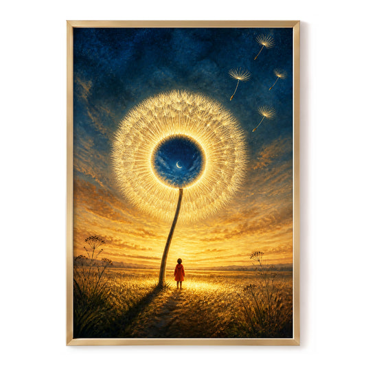 Dandelion Afterglow, gold, blue, orange floral wall art, front artwork view