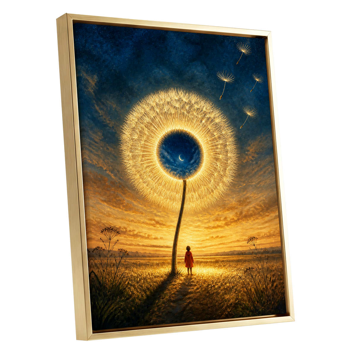 Dandelion Afterglow, gold, blue, orange floral wall art shown as a gold framed canvas wall art