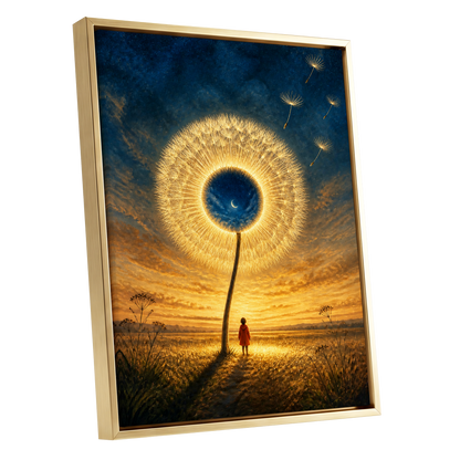 Dandelion Afterglow, gold, blue, orange floral wall art shown as a gold framed canvas wall art