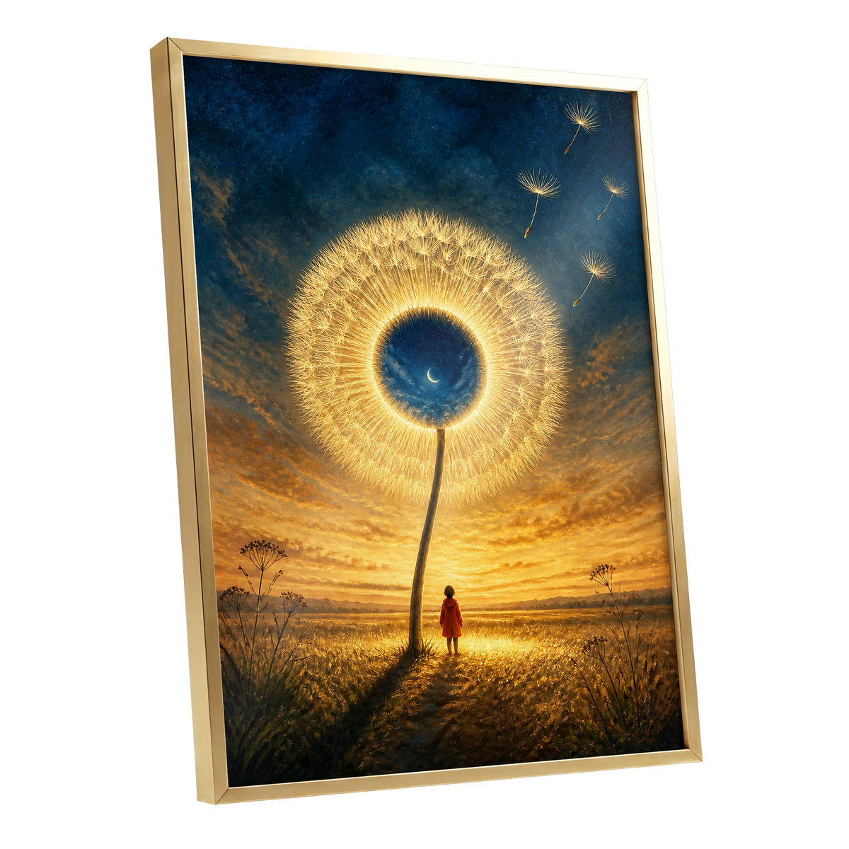 Dandelion Afterglow, gold, blue, orange floral wall art shown as a gold framed poster wall art print