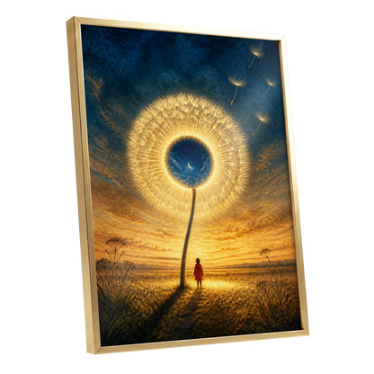 Dandelion Afterglow, gold, blue, orange floral wall art shown as a gold framed poster wall art print