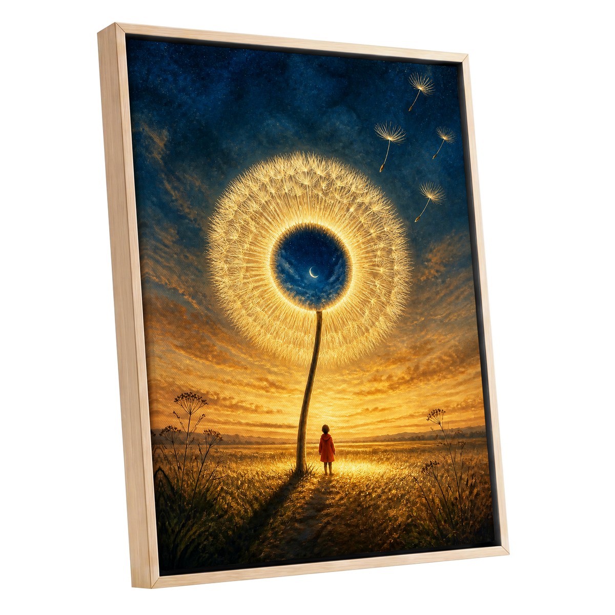 Dandelion Afterglow, gold, blue, orange floral wall art shown as a oak framed canvas wall art