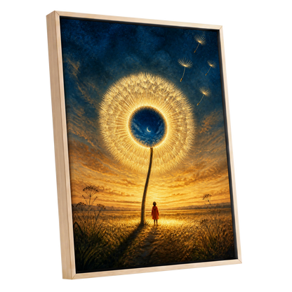 Dandelion Afterglow, gold, blue, orange floral wall art shown as a oak framed canvas wall art