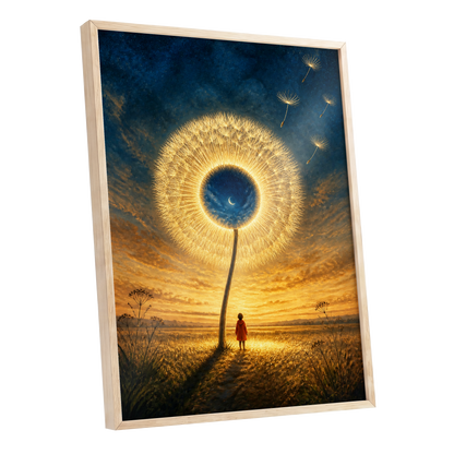 Dandelion Afterglow, gold, blue, orange floral wall art shown as a oak framed poster wall art print
