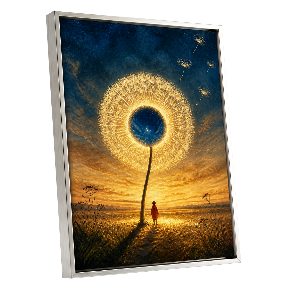 Dandelion Afterglow, gold, blue, orange floral wall art shown as a silver framed canvas wall art