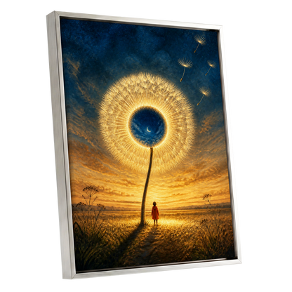 Dandelion Afterglow, gold, blue, orange floral wall art shown as a silver framed canvas wall art