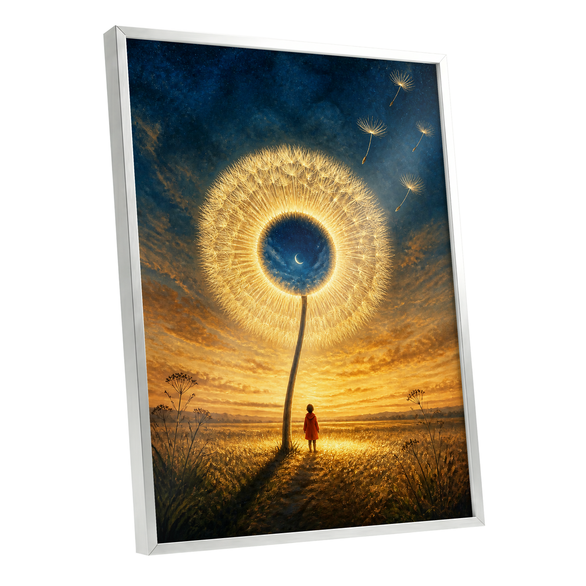 Dandelion Afterglow, gold, blue, orange floral wall art shown as a silver framed poster wall art print