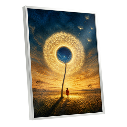 Dandelion Afterglow, gold, blue, orange floral wall art shown as a silver framed poster wall art print