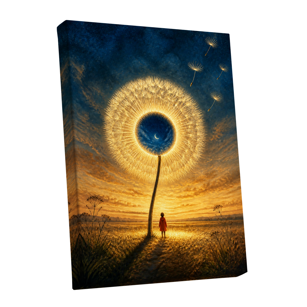 Dandelion Afterglow, gold, blue, orange floral wall art shown as a stretched canvas wall art