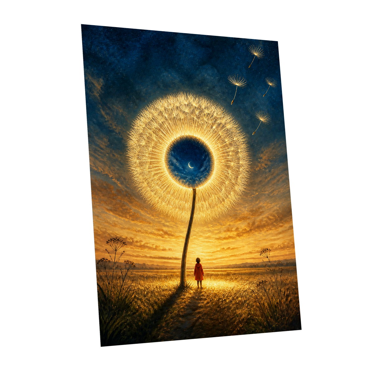 Dandelion Afterglow, gold, blue, orange floral wall art shown as a unframed poster wall art print
