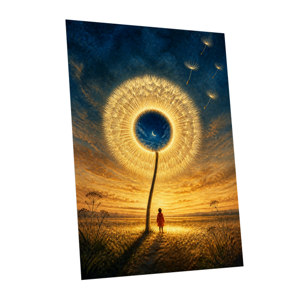 Dandelion Afterglow, gold, blue, orange floral wall art shown as a unframed poster wall art print