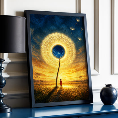 Dandelion Afterglow, gold, blue, orange floral wall art displayed in a styled interior, gallery view 2