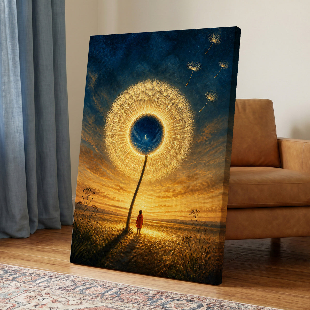 Dandelion Afterglow, gold, blue, orange floral wall art displayed in a styled interior, gallery view 3