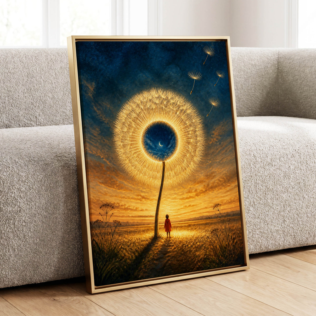 Dandelion Afterglow, gold, blue, orange floral wall art displayed in a styled interior, gallery view 4