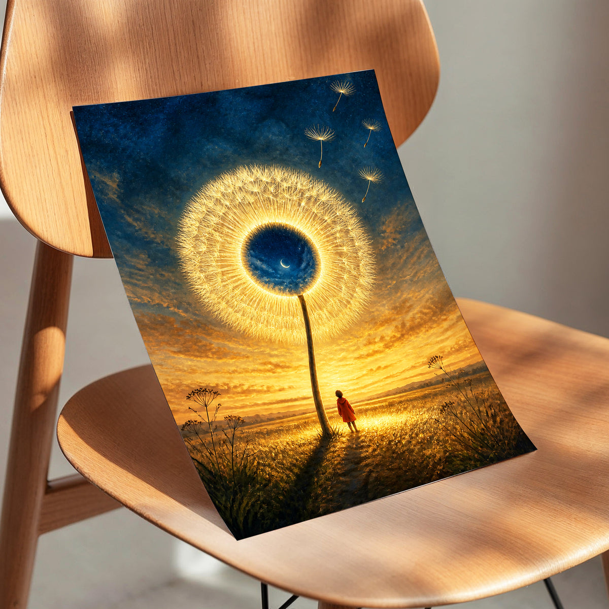 Dandelion Afterglow, gold, blue, orange floral wall art displayed in a styled interior, gallery view 5