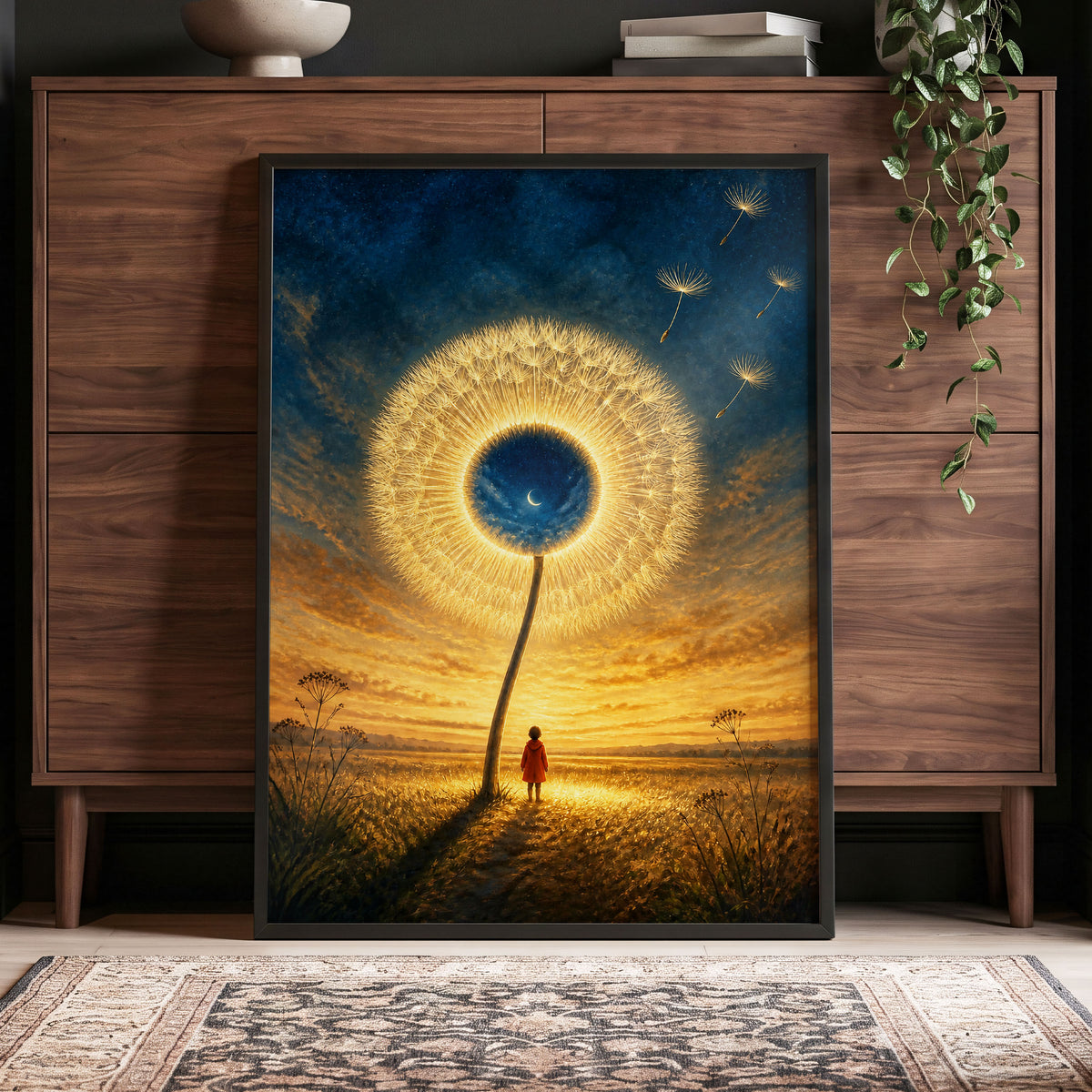 Dandelion Afterglow, gold, blue, orange floral wall art displayed in a styled interior, gallery view 6