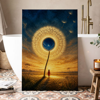 Dandelion Afterglow, gold, blue, orange floral wall art displayed in a styled interior, gallery view 7