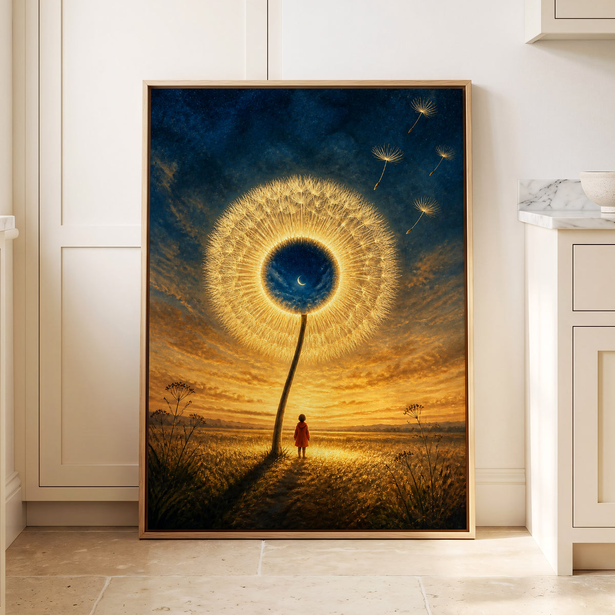 Dandelion Afterglow, gold, blue, orange floral wall art displayed in a styled interior, gallery view 8
