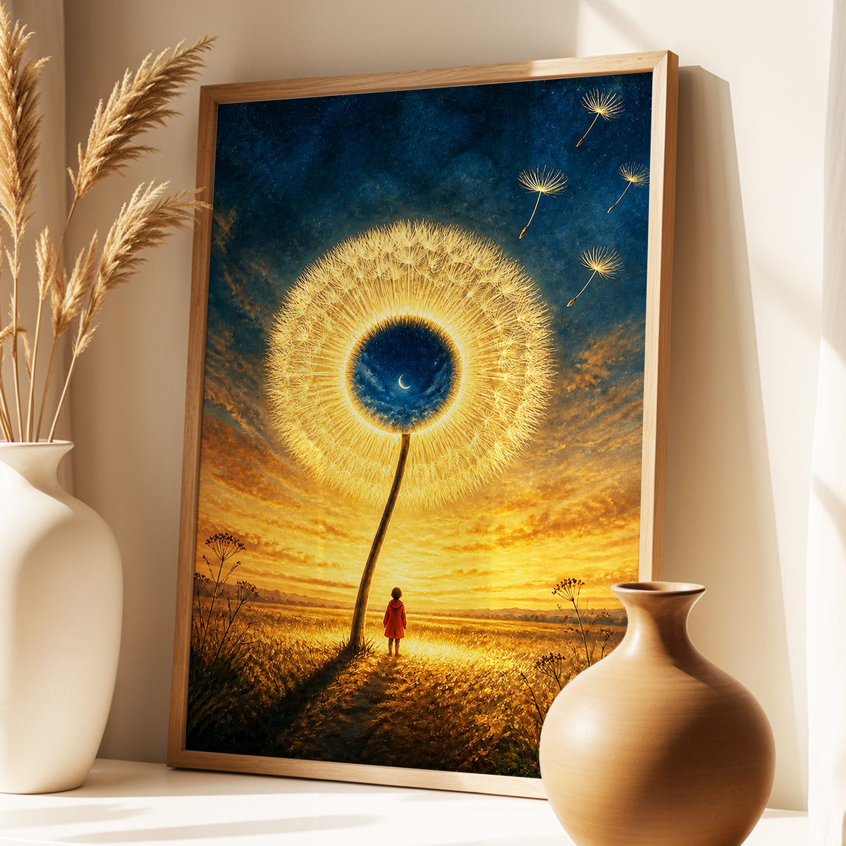 Dandelion Afterglow, gold, blue, orange floral wall art displayed in a styled interior, gallery view 9