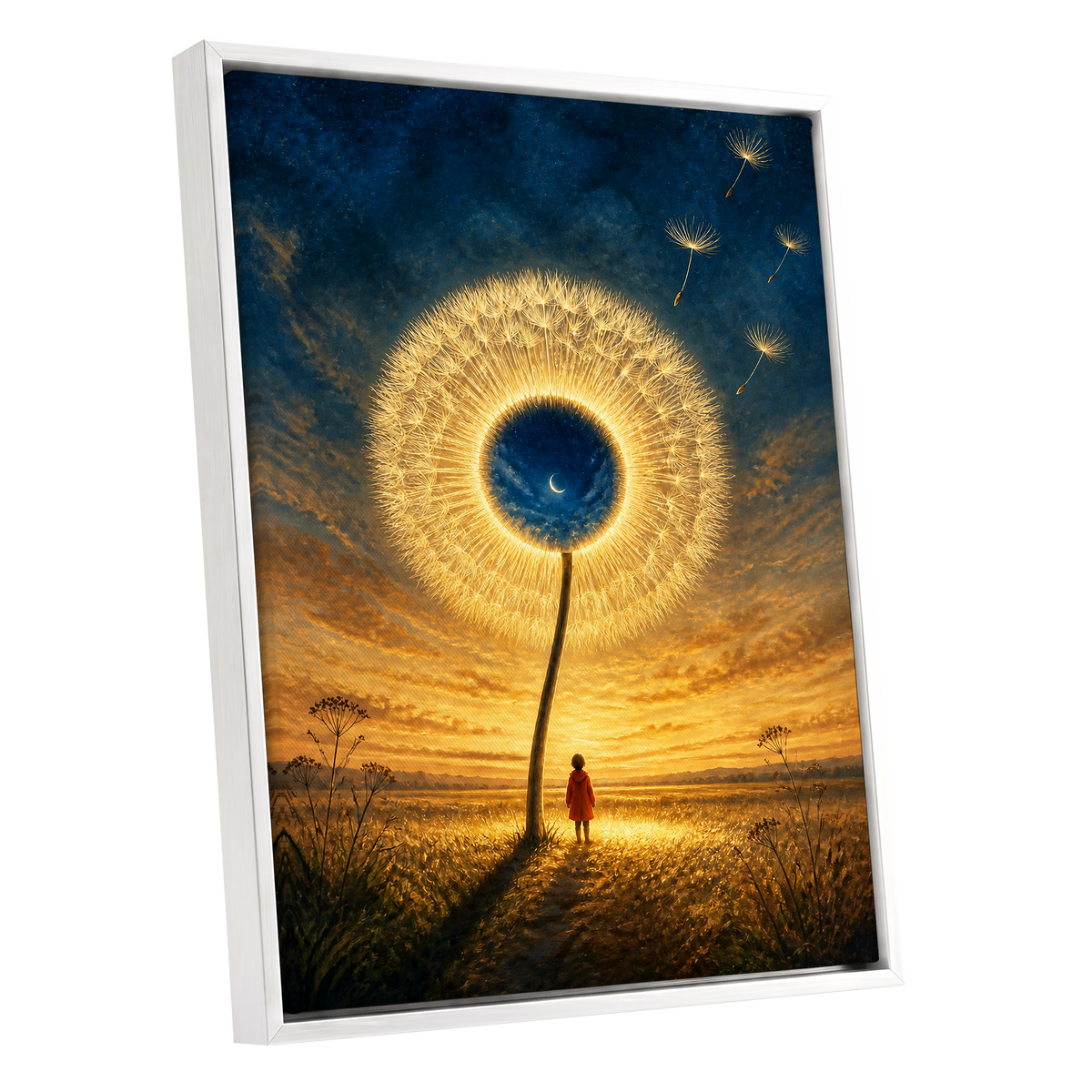 Dandelion Afterglow, gold, blue, orange floral wall art shown as a white framed canvas wall art