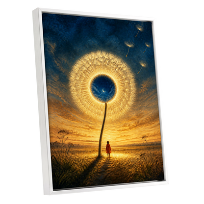 Dandelion Afterglow, gold, blue, orange floral wall art shown as a white framed canvas wall art