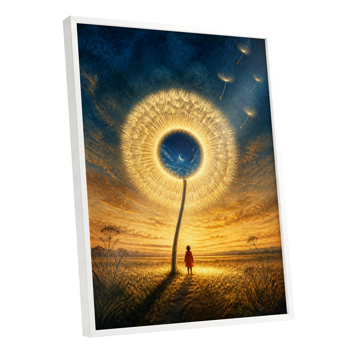 Dandelion Afterglow, gold, blue, orange floral wall art shown as a white framed poster wall art print