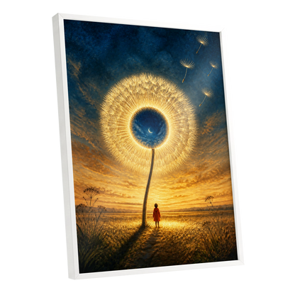 Dandelion Afterglow, gold, blue, orange floral wall art shown as a white framed poster wall art print