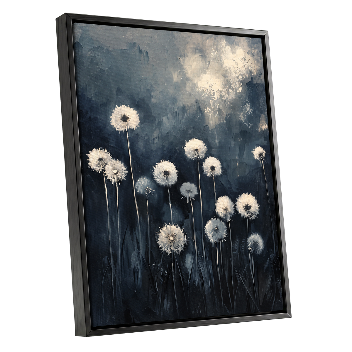 Dandelions at Dusk, blue, black, gray floral wall art shown as a black framed canvas wall art