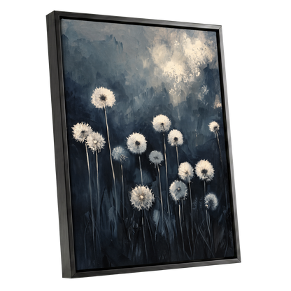 Dandelions at Dusk, blue, black, gray floral wall art shown as a black framed canvas wall art
