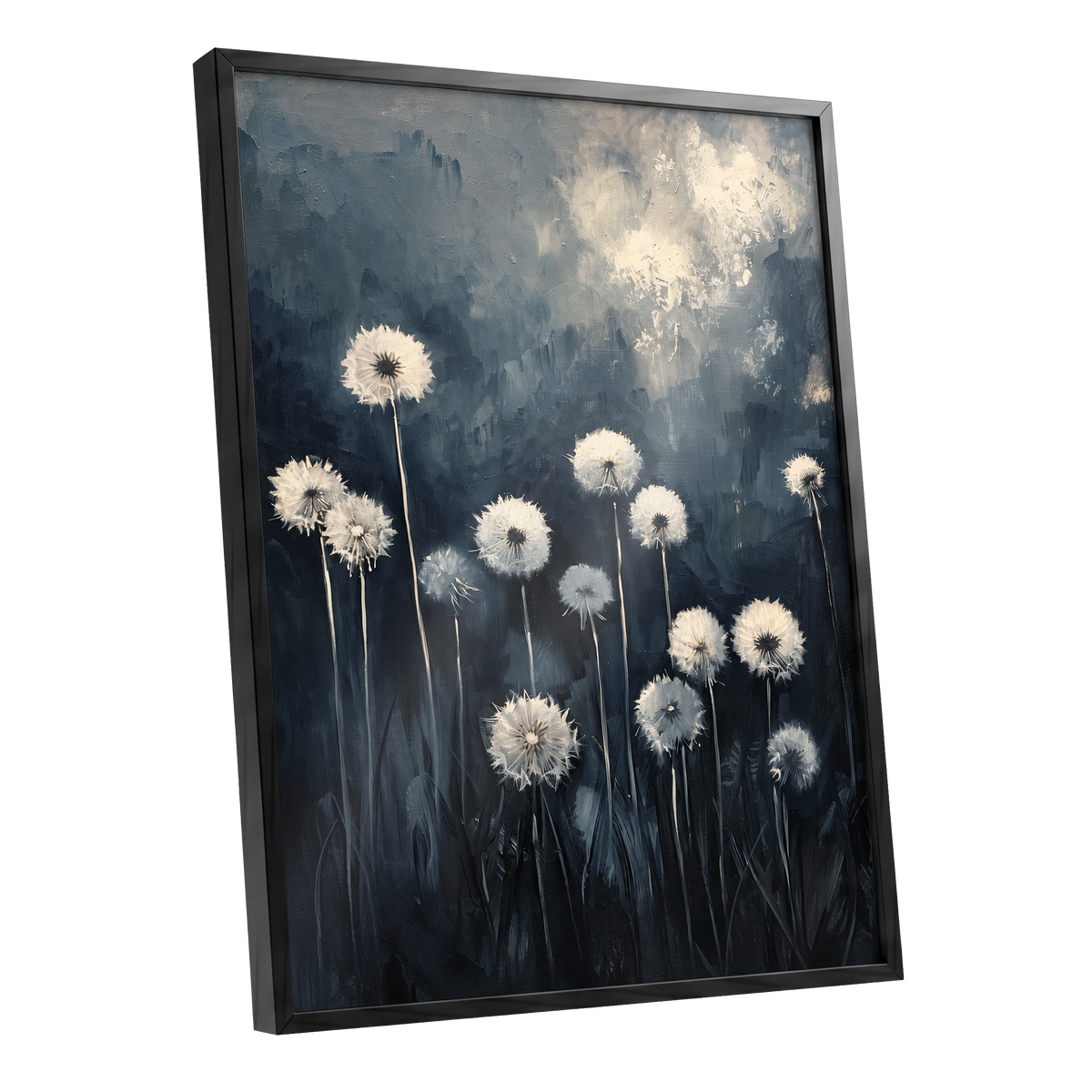 Dandelions at Dusk, blue, black, gray floral wall art shown as a black framed poster wall art print