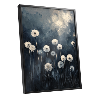 Dandelions at Dusk, blue, black, gray floral wall art shown as a black framed poster wall art print