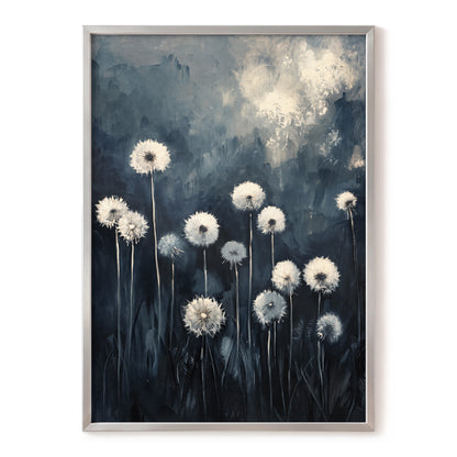 Dandelions at Dusk, blue, black, gray floral wall art, front artwork view