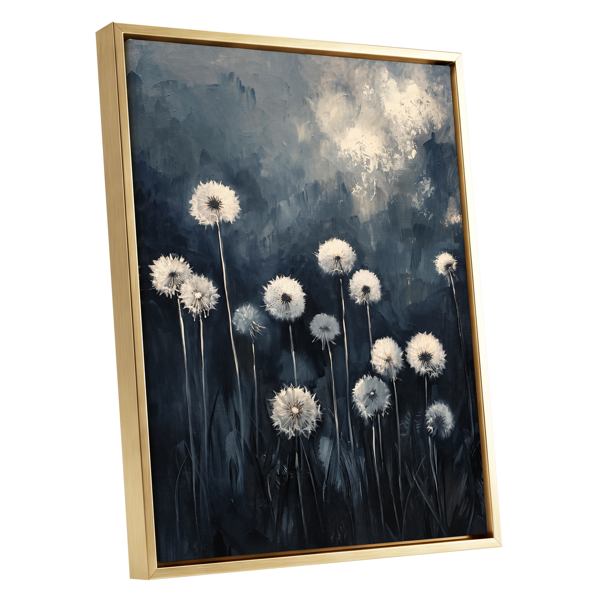 Dandelions at Dusk, blue, black, gray floral wall art shown as a gold framed canvas wall art