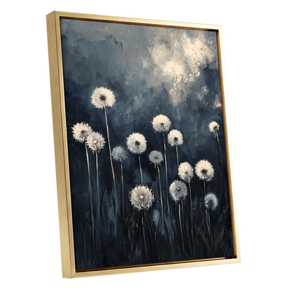 Dandelions at Dusk, blue, black, gray floral wall art shown as a gold framed canvas wall art
