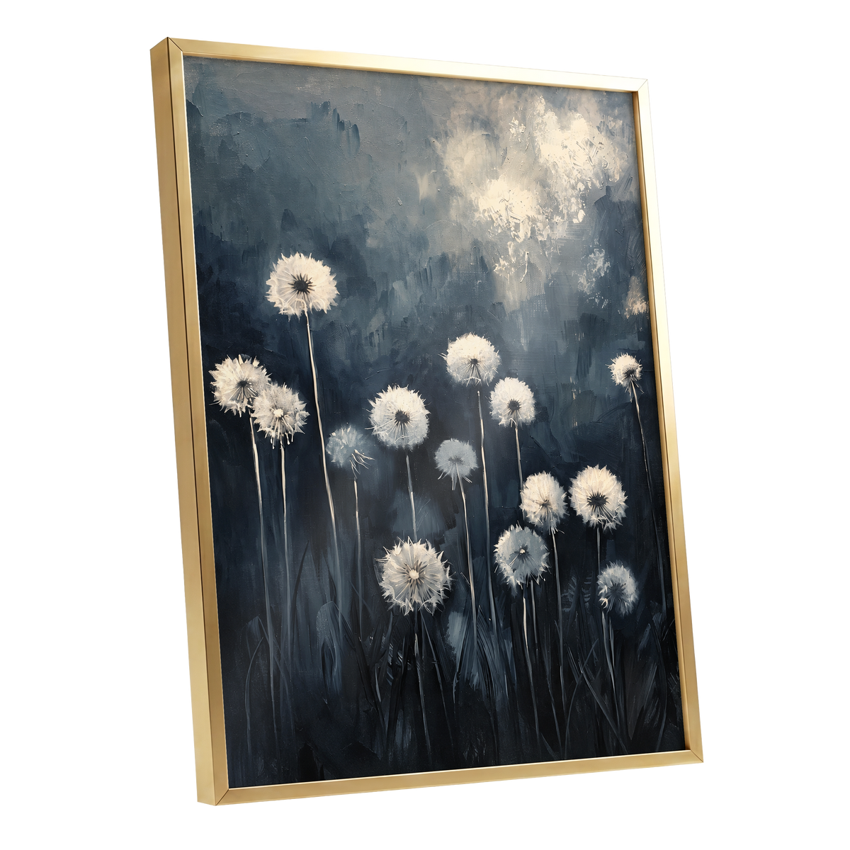 Dandelions at Dusk, blue, black, gray floral wall art shown as a gold framed poster wall art print