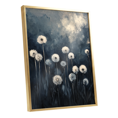 Dandelions at Dusk, blue, black, gray floral wall art shown as a gold framed poster wall art print