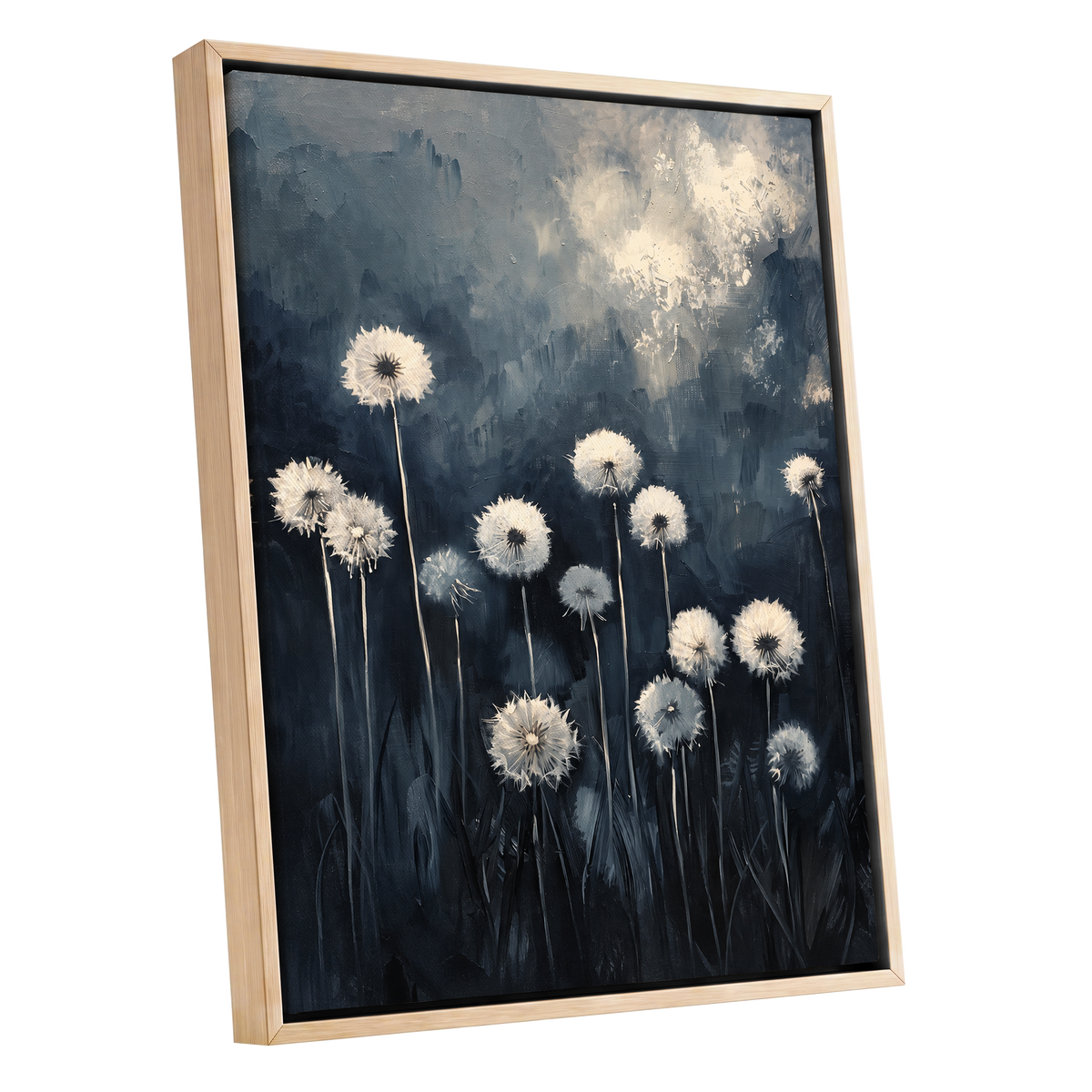 Dandelions at Dusk, blue, black, gray floral wall art shown as a oak framed canvas wall art