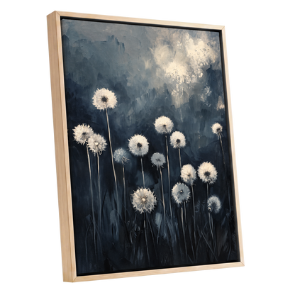 Dandelions at Dusk, blue, black, gray floral wall art shown as a oak framed canvas wall art