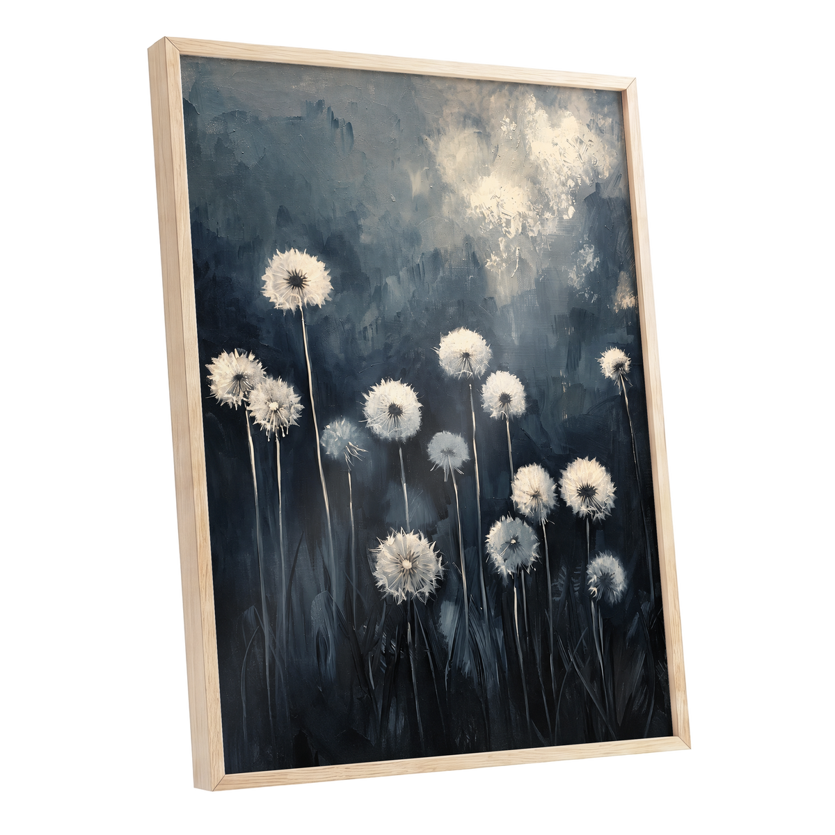 Dandelions at Dusk, blue, black, gray floral wall art shown as a oak framed poster wall art print