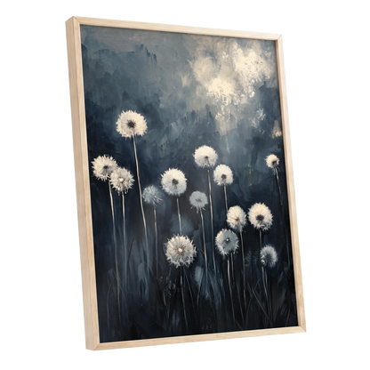 Dandelions at Dusk, blue, black, gray floral wall art shown as a oak framed poster wall art print