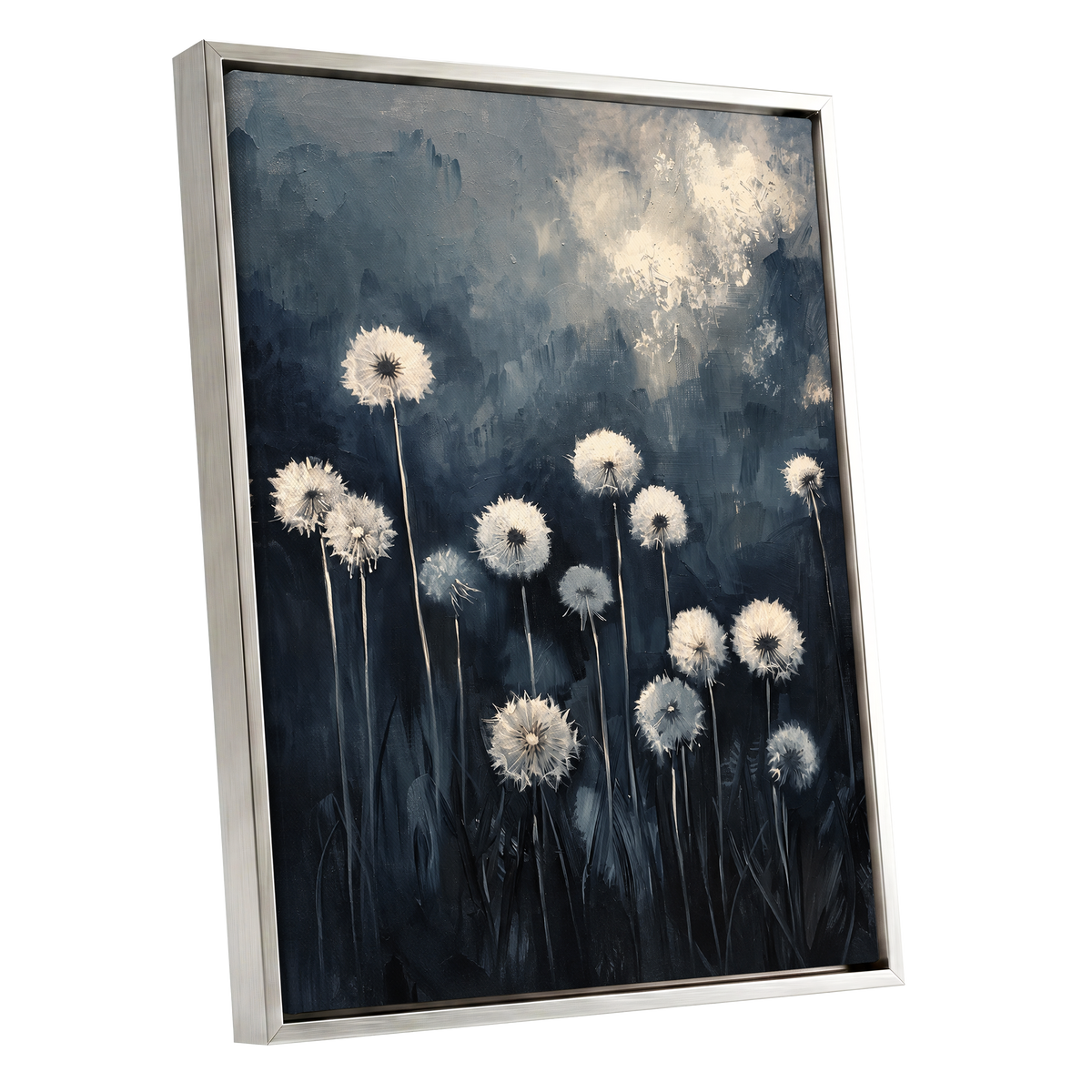 Dandelions at Dusk, blue, black, gray floral wall art shown as a silver framed canvas wall art