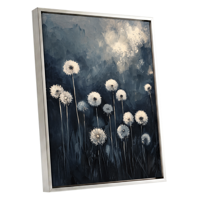 Dandelions at Dusk, blue, black, gray floral wall art shown as a silver framed canvas wall art