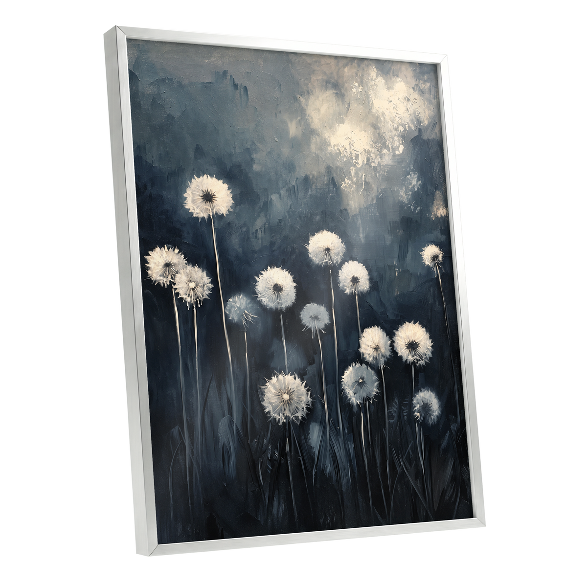 Dandelions at Dusk, blue, black, gray floral wall art shown as a silver framed poster wall art print