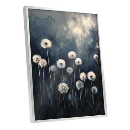 Dandelions at Dusk, blue, black, gray floral wall art shown as a silver framed poster wall art print
