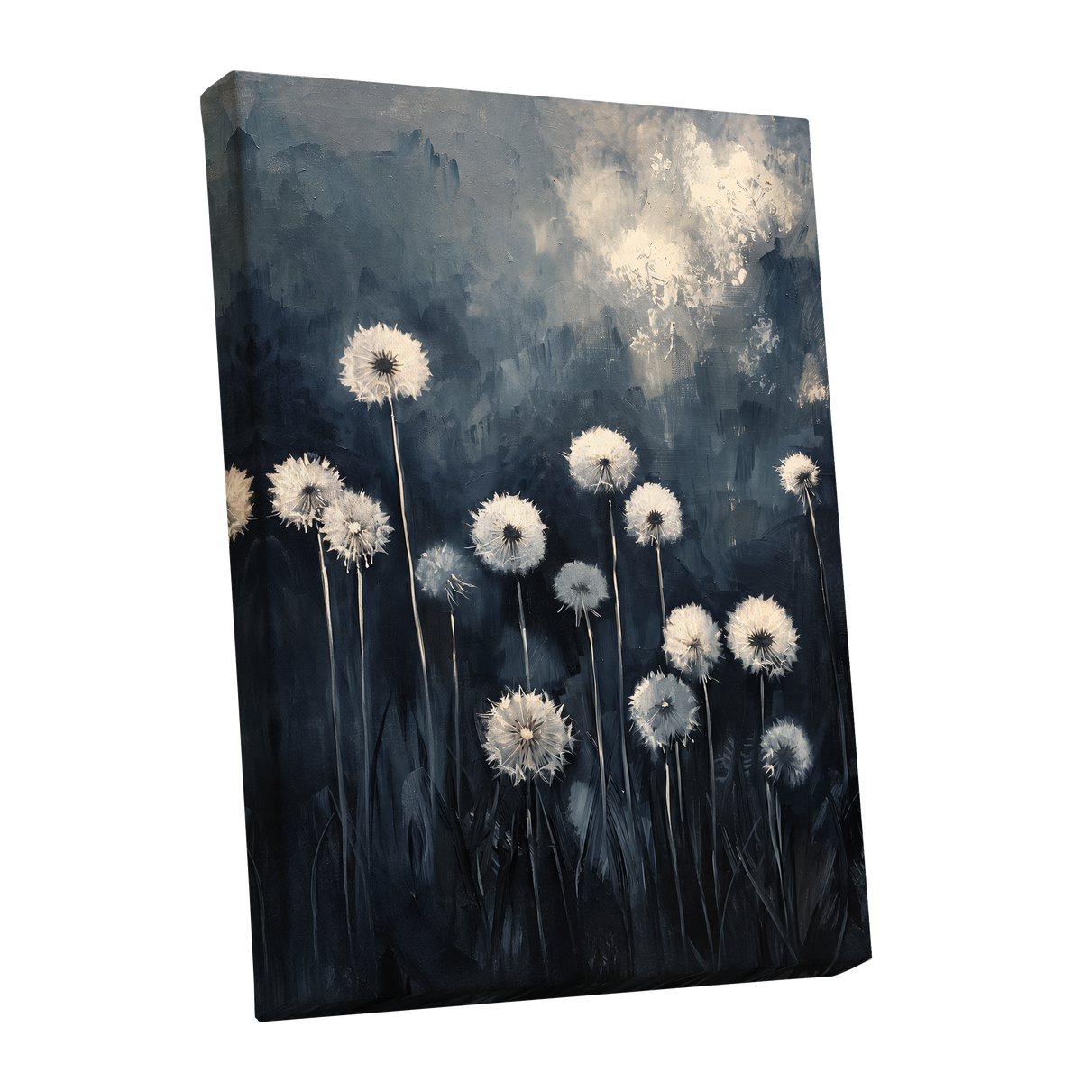 Dandelions at Dusk, blue, black, gray floral wall art shown as a stretched canvas wall art