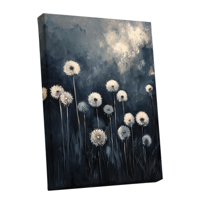 Dandelions at Dusk, blue, black, gray floral wall art shown as a stretched canvas wall art