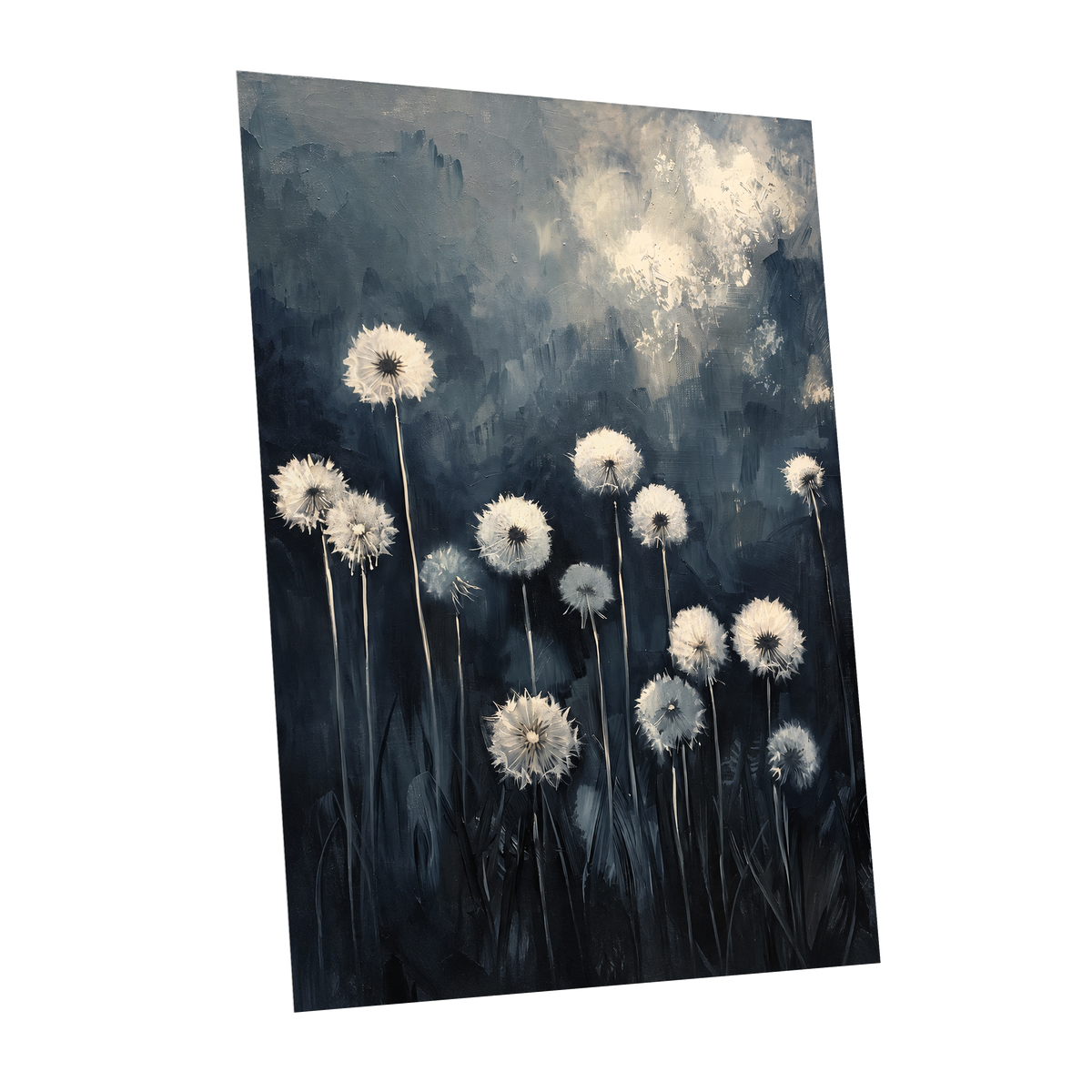 Dandelions at Dusk, blue, black, gray floral wall art shown as a unframed poster wall art print
