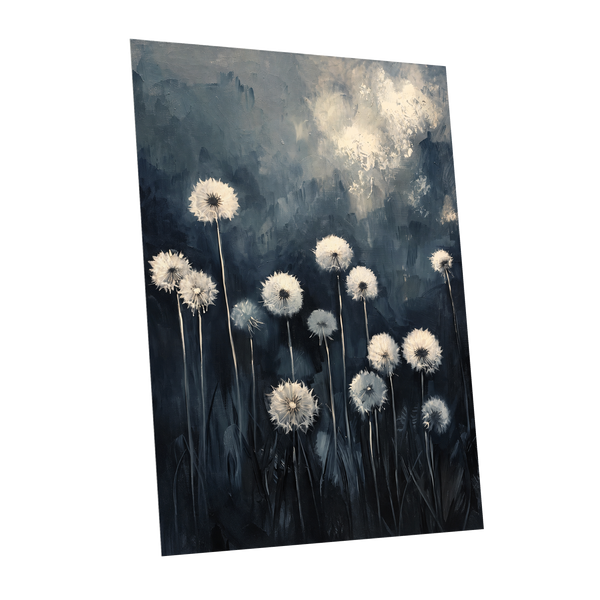 Dandelions at Dusk, blue, black, gray floral wall art shown as a unframed poster wall art print